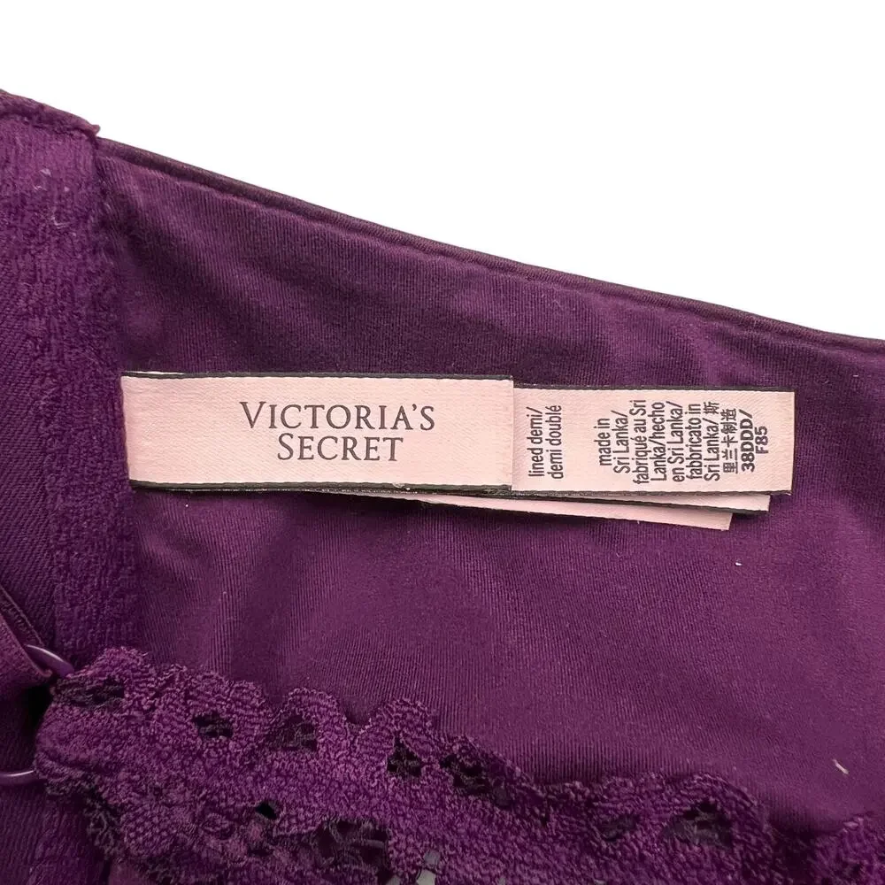 Victoria's Secret Bra Women 38DDD Body Lined Demi Racerback Lace Purple Romantic